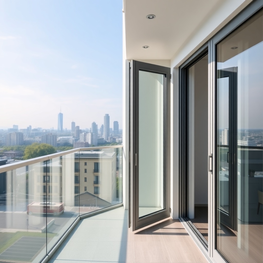 A photorealistic photo of a modern balcony with Egepen Deceuninck aluminum folding system