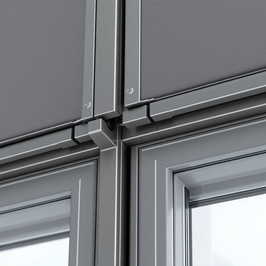 A photorealistic close-up of Egepen Deceuninck folding system panels with a gray aluminum