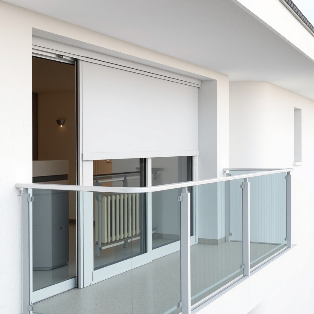 A clean photorealistic photo of a modern balcony with Egepen Deceuninck sliding aluminum p