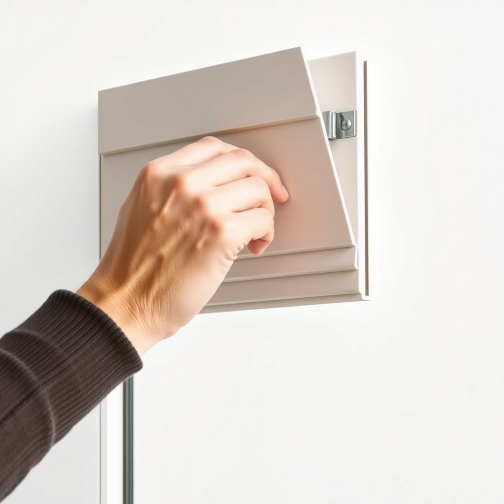 A clean photorealistic photo of a hand operating a folding panel of Egepen Deceuninck