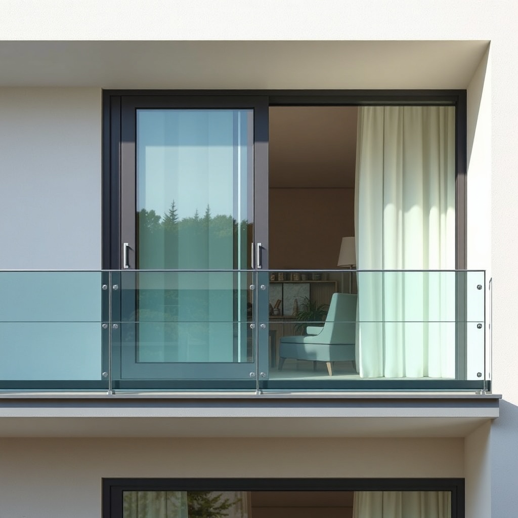A realistic photo of a modern balcony with Egepen Deceuninck aluminium sliding system