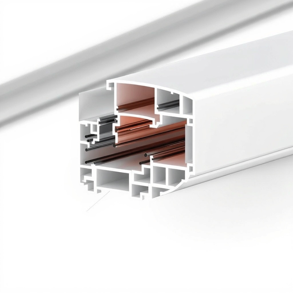 A photorealistic illustration showing the cross-section of Egepen Deceuninck aluminium pro