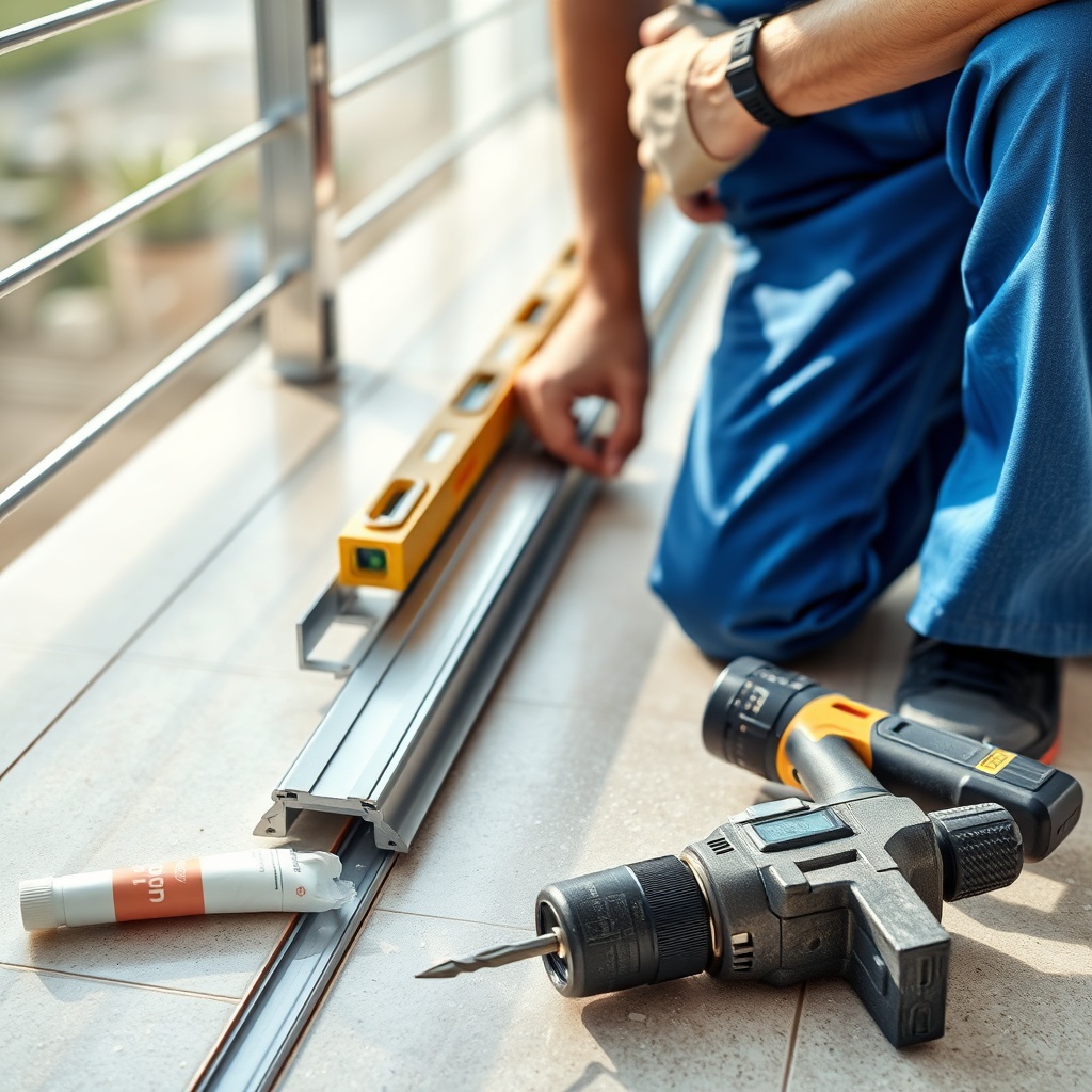 A photorealistic close-up photo of a workman in blue overalls installing a silver aluminum