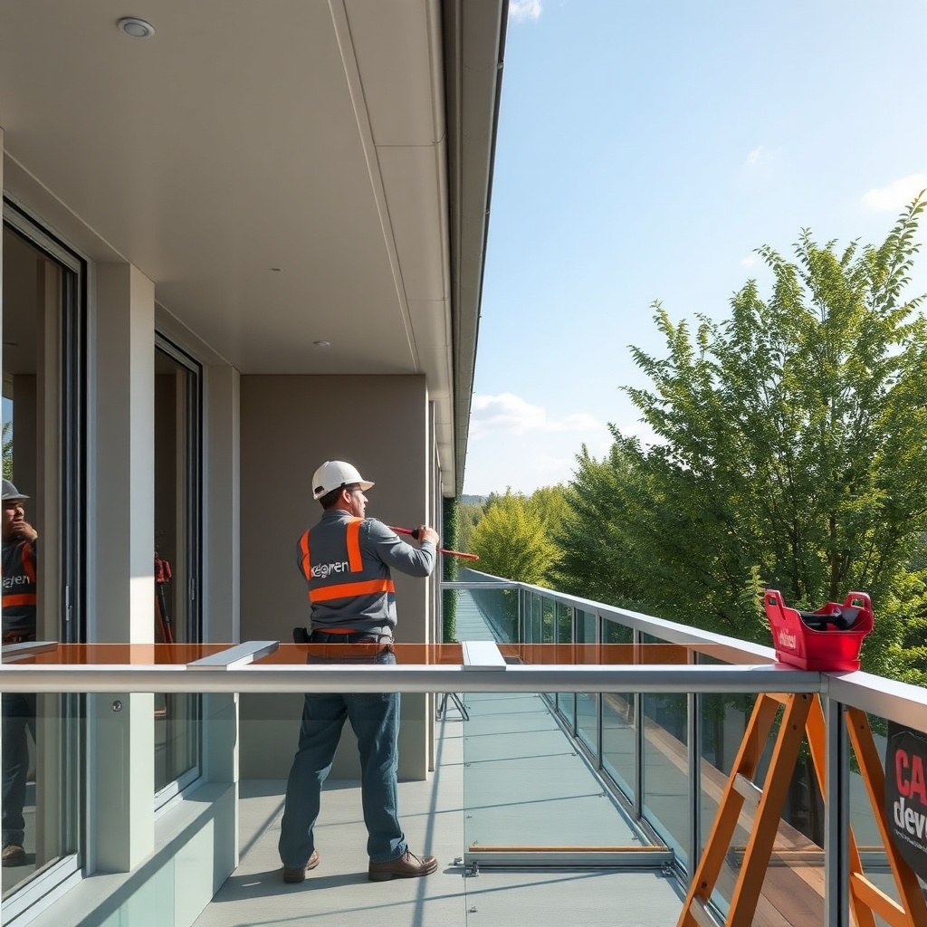 A photorealistic photo of a balcony with Egepen Deceuninck polyester glass balcony system