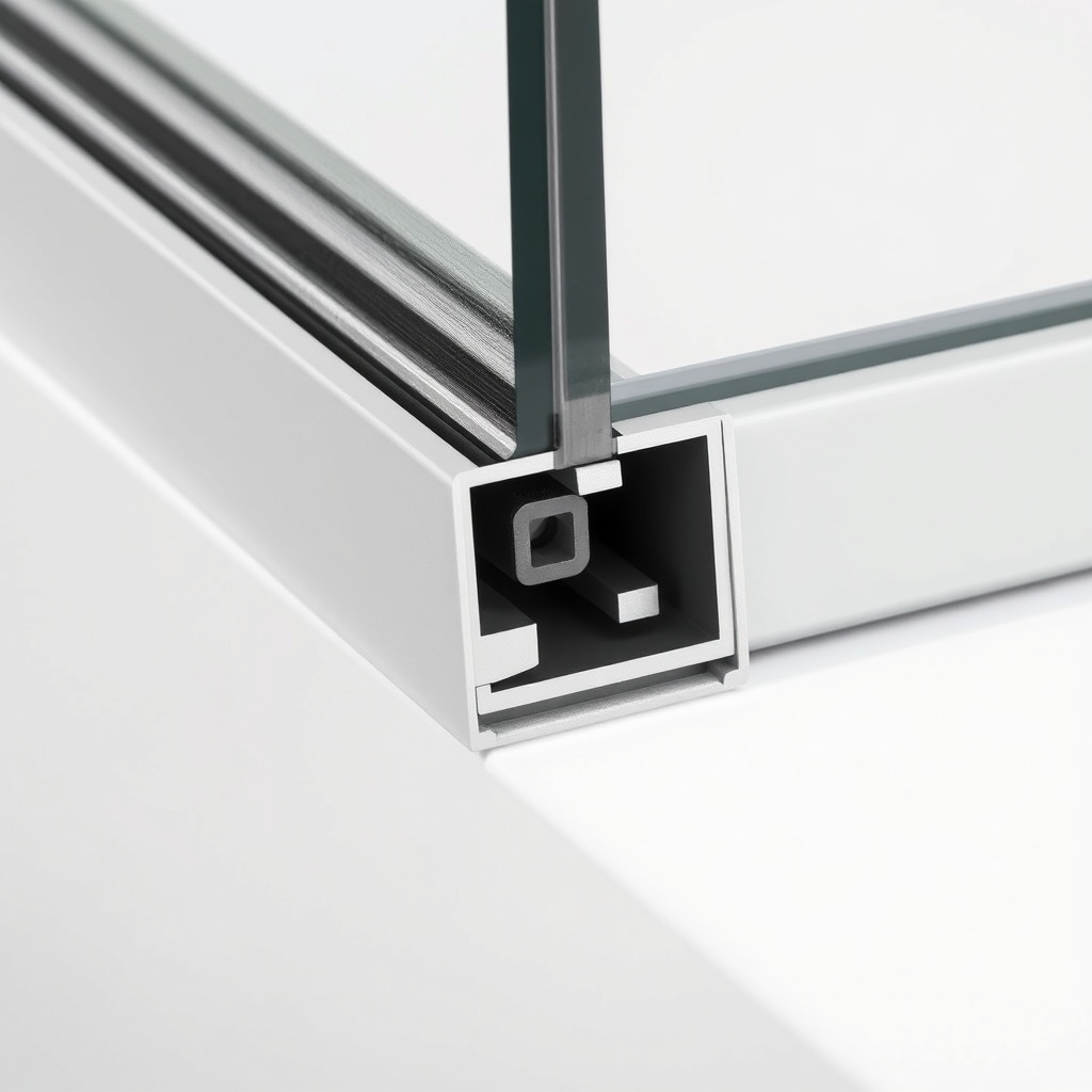 A photorealistic close-up photo of a corner joint of an Egepen Deceuninck polyester glass