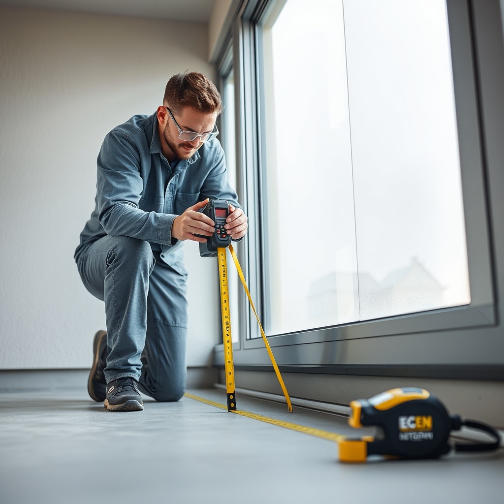 A photorealistic photo showing a professional measuring a balcony frame with a laser meter