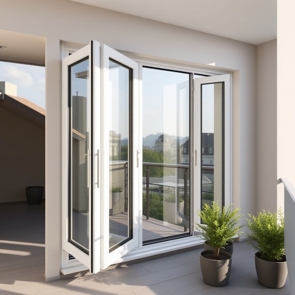 A clean photorealistic photo of a modern balcony with Egepen Deceuninck polyester folding