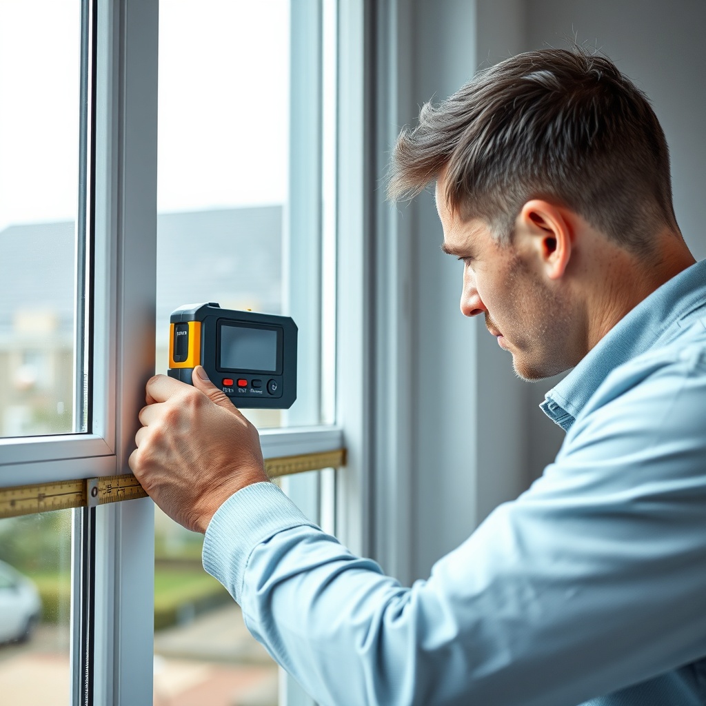<A clean photorealistic photo of a professional measuring a PVC balcony frame with a laser