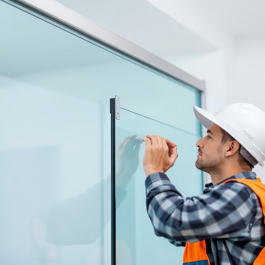 <A clean photorealistic photo of a worker installing a sliding PVC glass panel