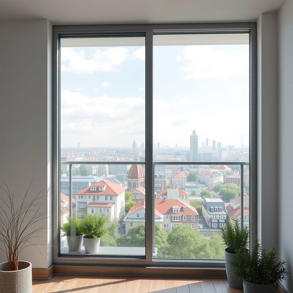 <clean photorealistic photo/illustration of a modern balcony with Fakro Sunlux aluminium g