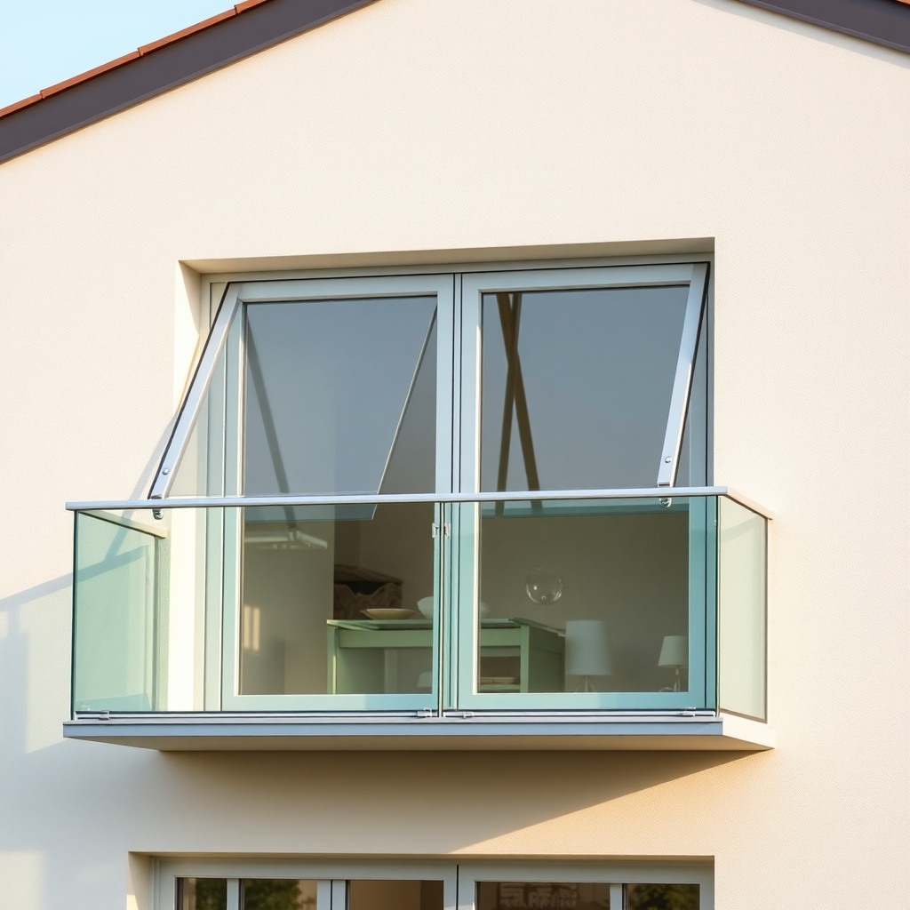 A photorealistic modern house exterior with a Fakro Sunlux aluminum folding balcony system