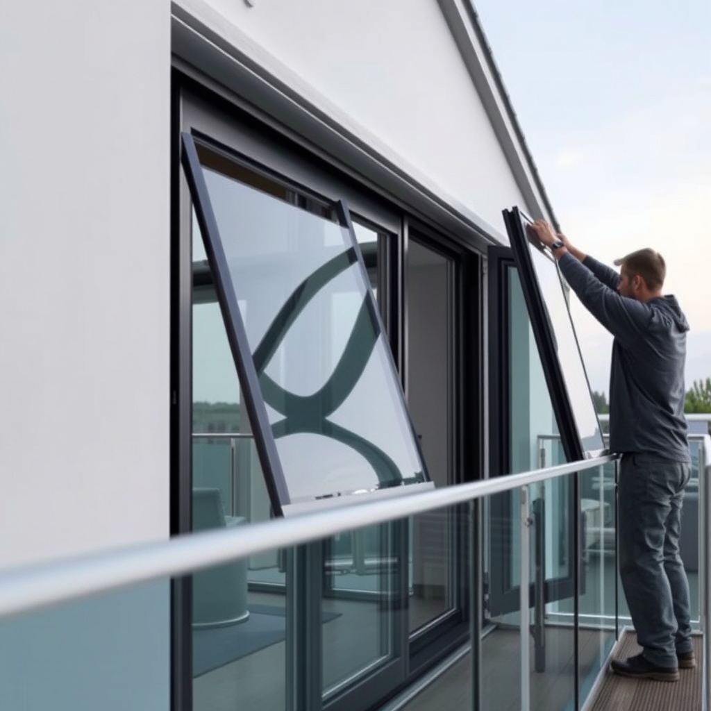 A photorealistic side view of the Fakro Sunlux aluminum folding system being installed on