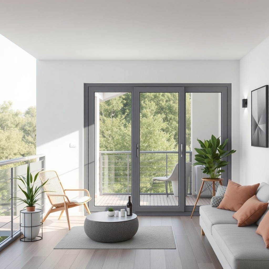 A clean photorealistic photo showing a Fakro Sunlux aluminum sliding system in a modern ba