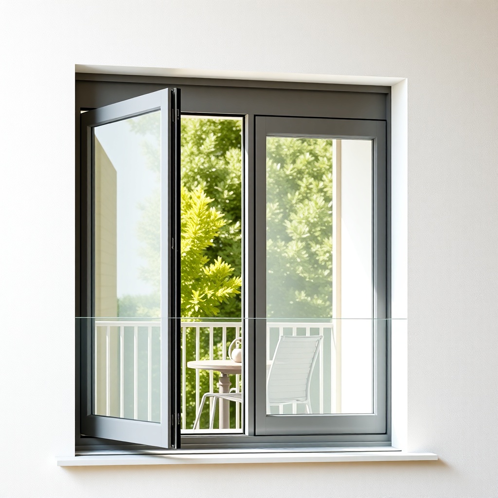 A clean photorealistic photo showing a balcony with Fakro Sunlux folding system in an open