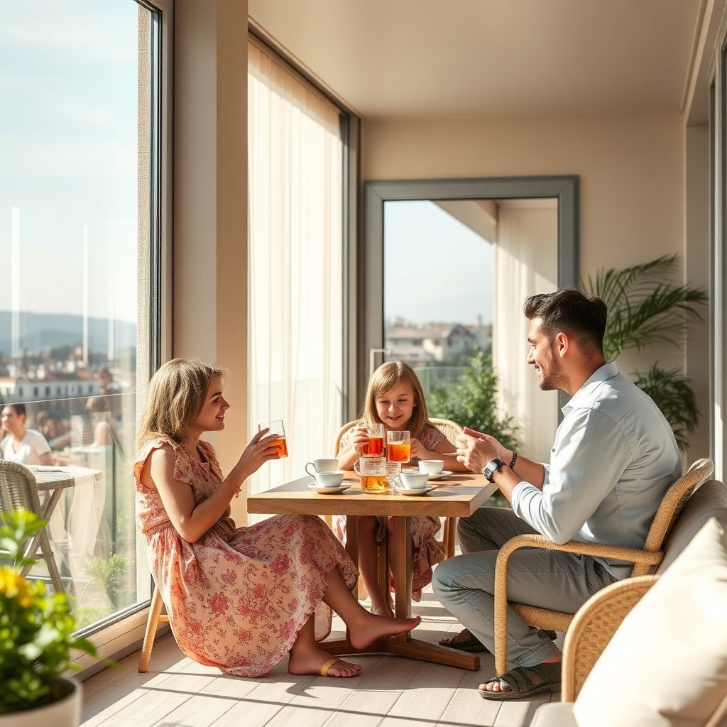 A photorealistic photo of a Turkish family enjoying tea on a Fakro Sunlux cam balkon durin
