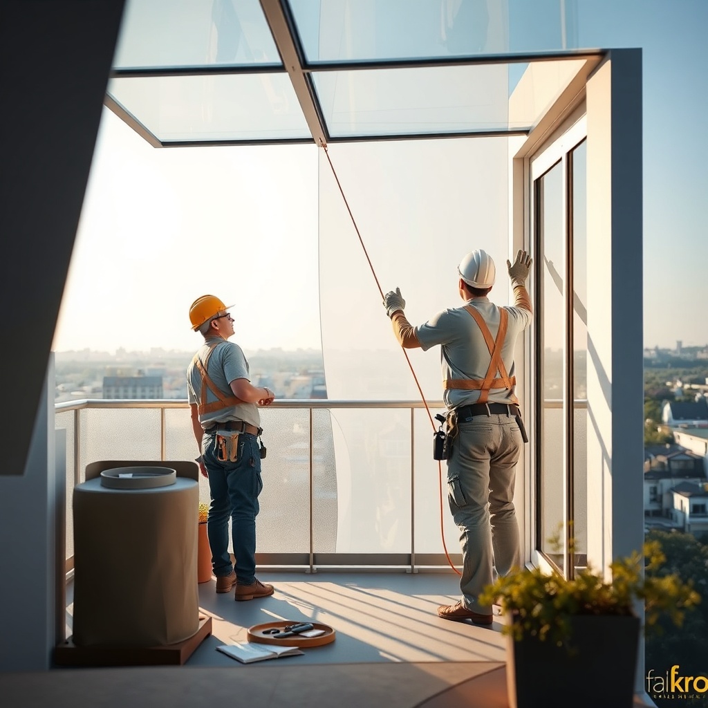 <clean photorealistic photo of workers installing Fakro Sunlux polyester panels on a balco