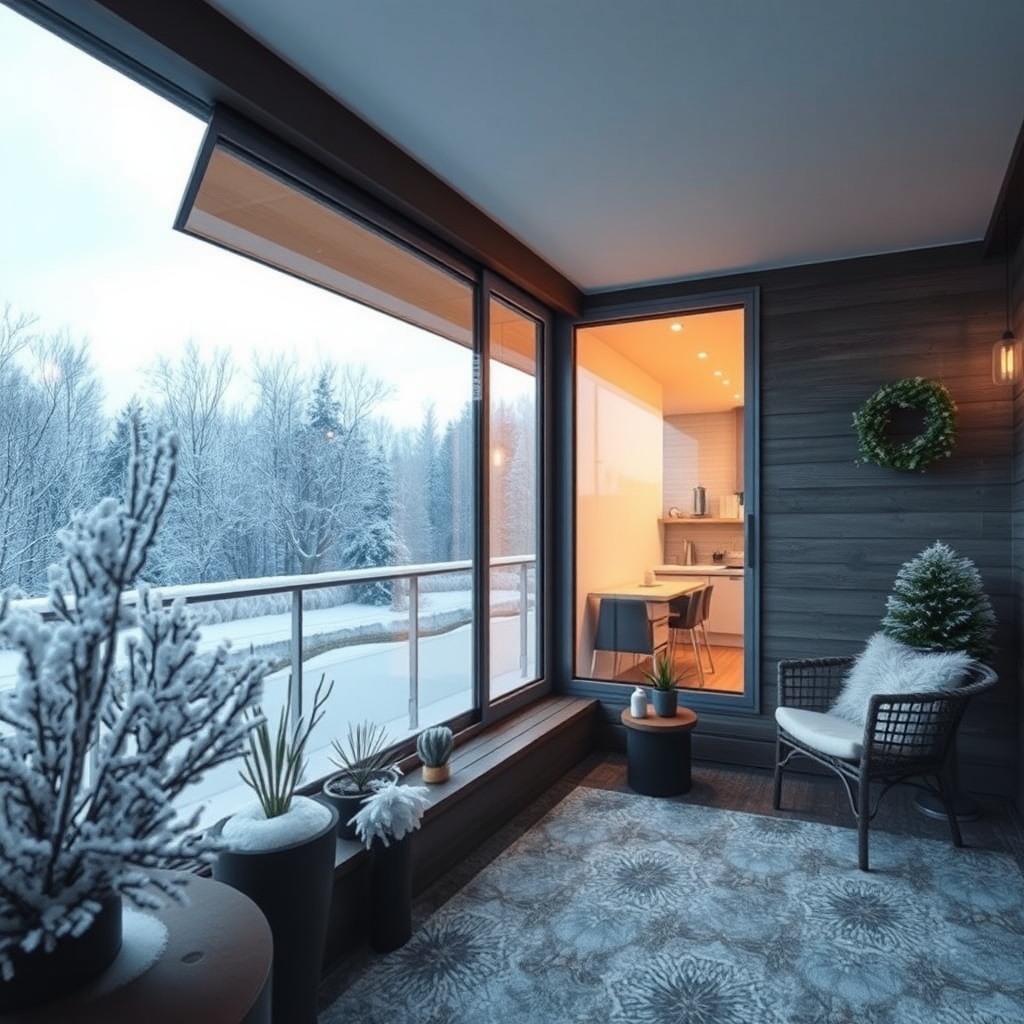 A photorealistic wide shot of a Fakro Sunlux polyester cam balkon installed on a modern te
