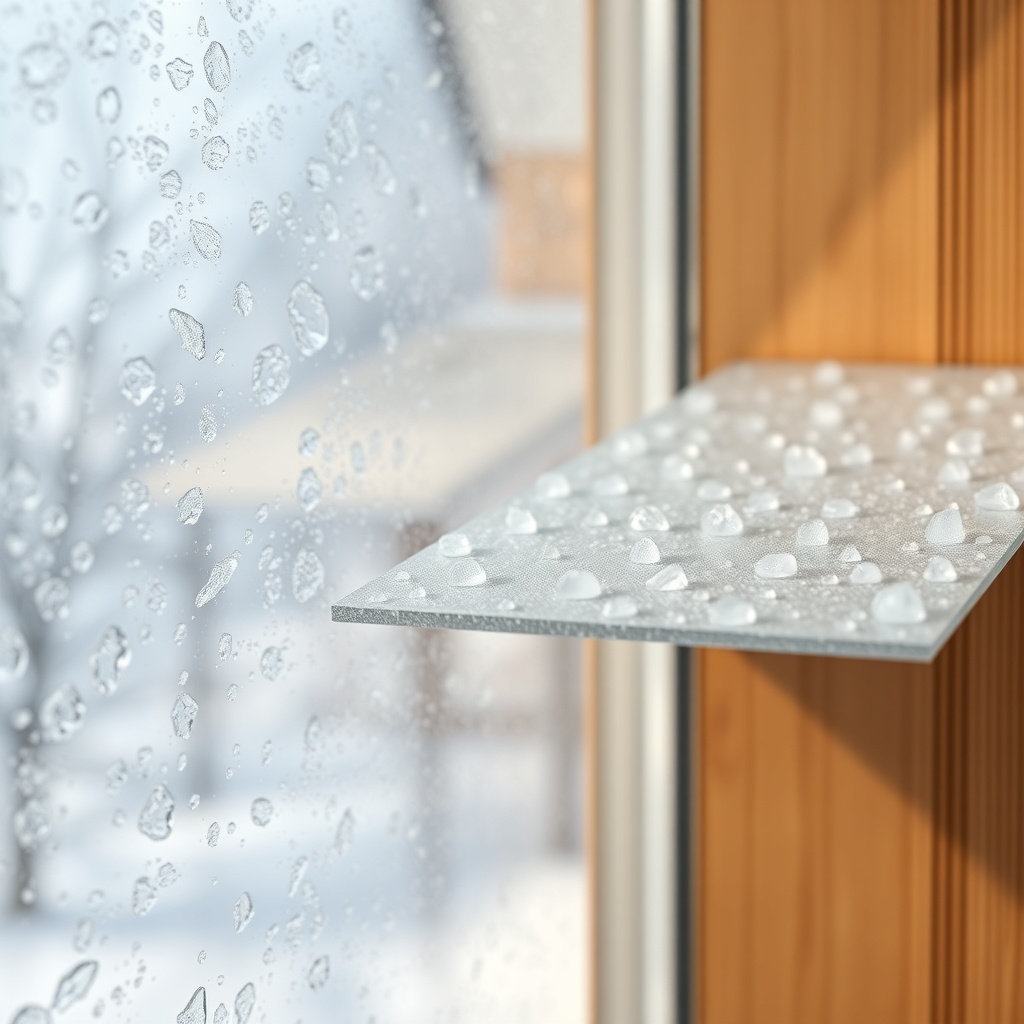 A photorealistic close-up of a Fakro Sunlux polyester panel showing condensation-free surf