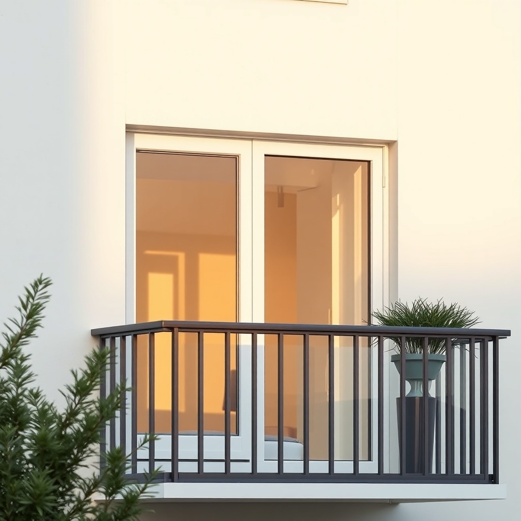 <clean photorealistic photo of a Fakro Sunlux PVC balcony with double glazing reflecting s