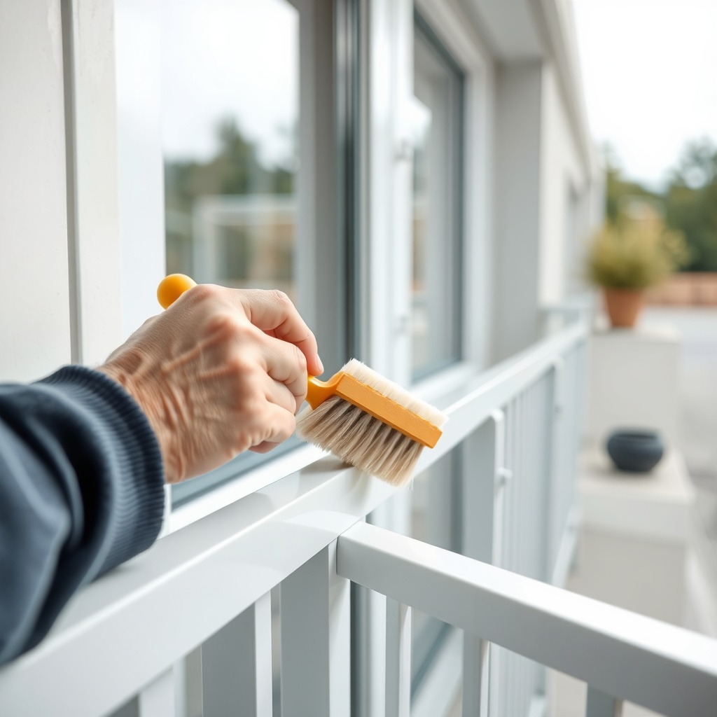 <photo of a person gently cleaning the PVC rail of an installed Fakro Sunlux balcony syste