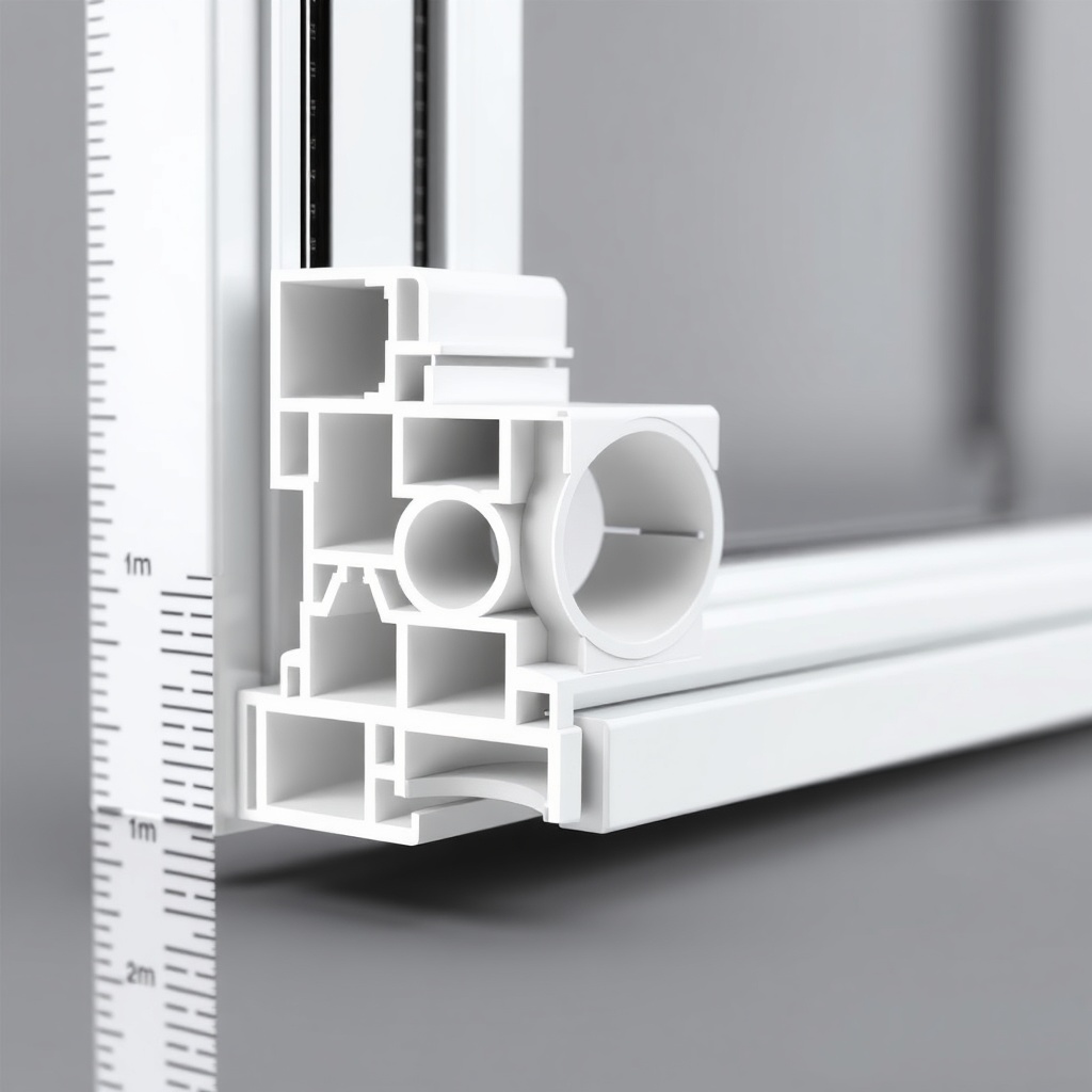 A photorealistic close-up shot of a white PVC Fakro Sunlux window profile cross-section